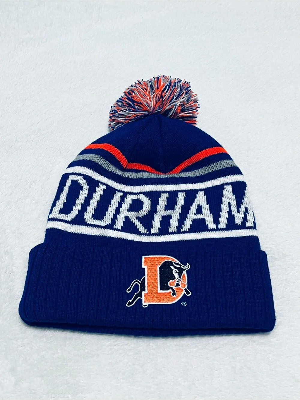 Durham Bulls Blue Pom Beanie with Orange Bulls Logo